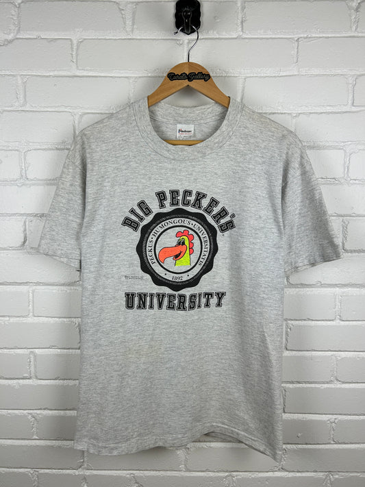 Vintage 1987 Big Peckers University Humungos Crest Parody T Shirt Size L 80s