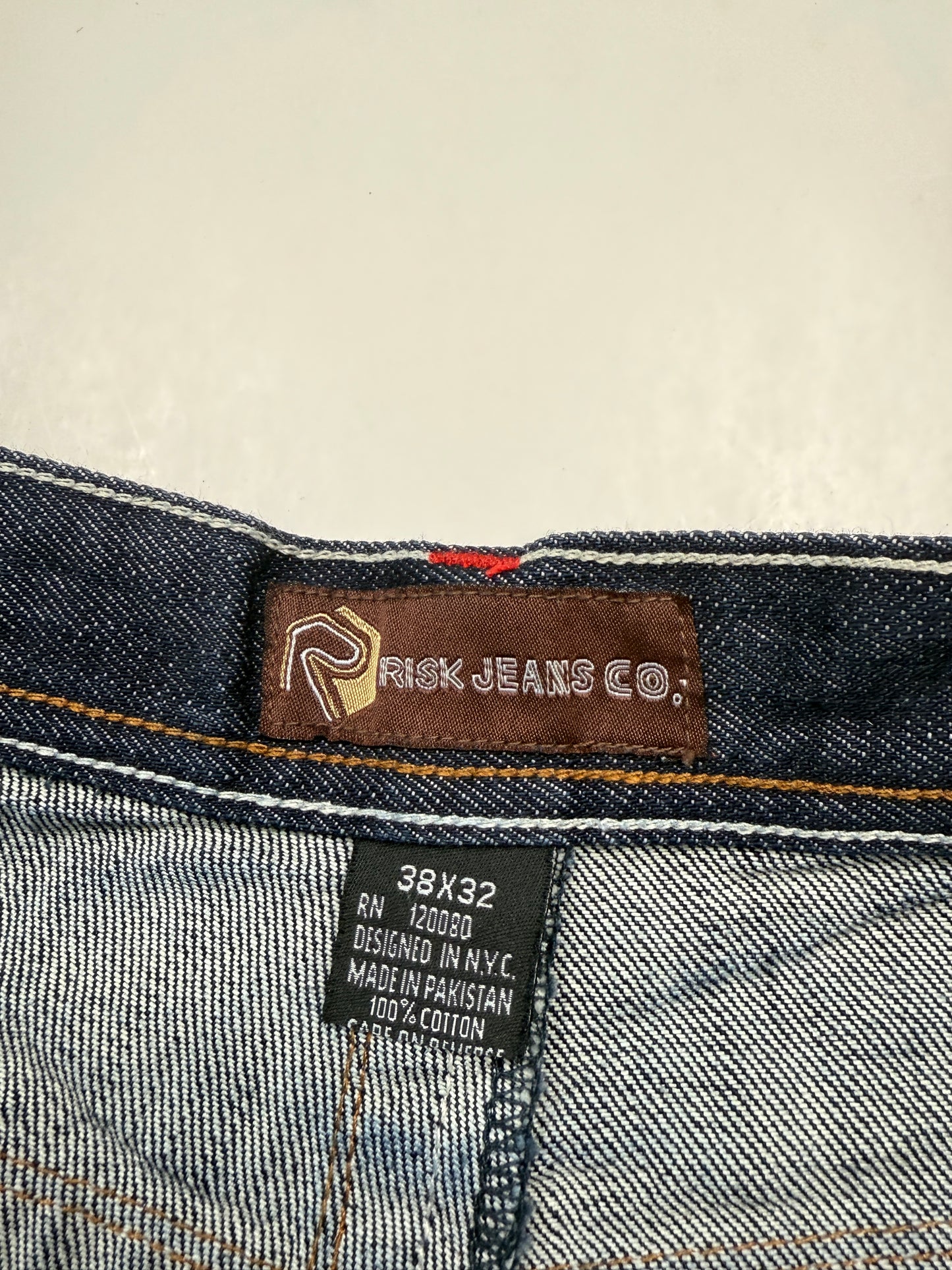 Vintage Y2K Risk Jeans Embroidered Back Pockets Regular Fit Dark Blue Denim Size 37W