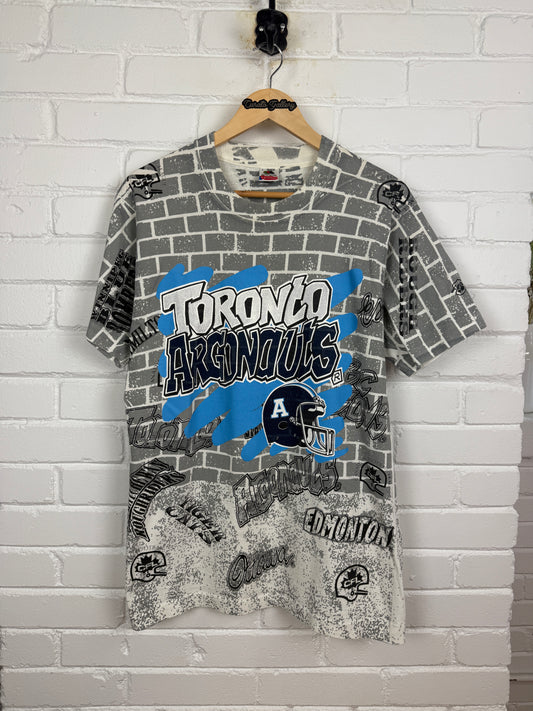 Vintage 90s Toronto Argonauts CFL All Over Print Brick Wall Football T Shirt Size L