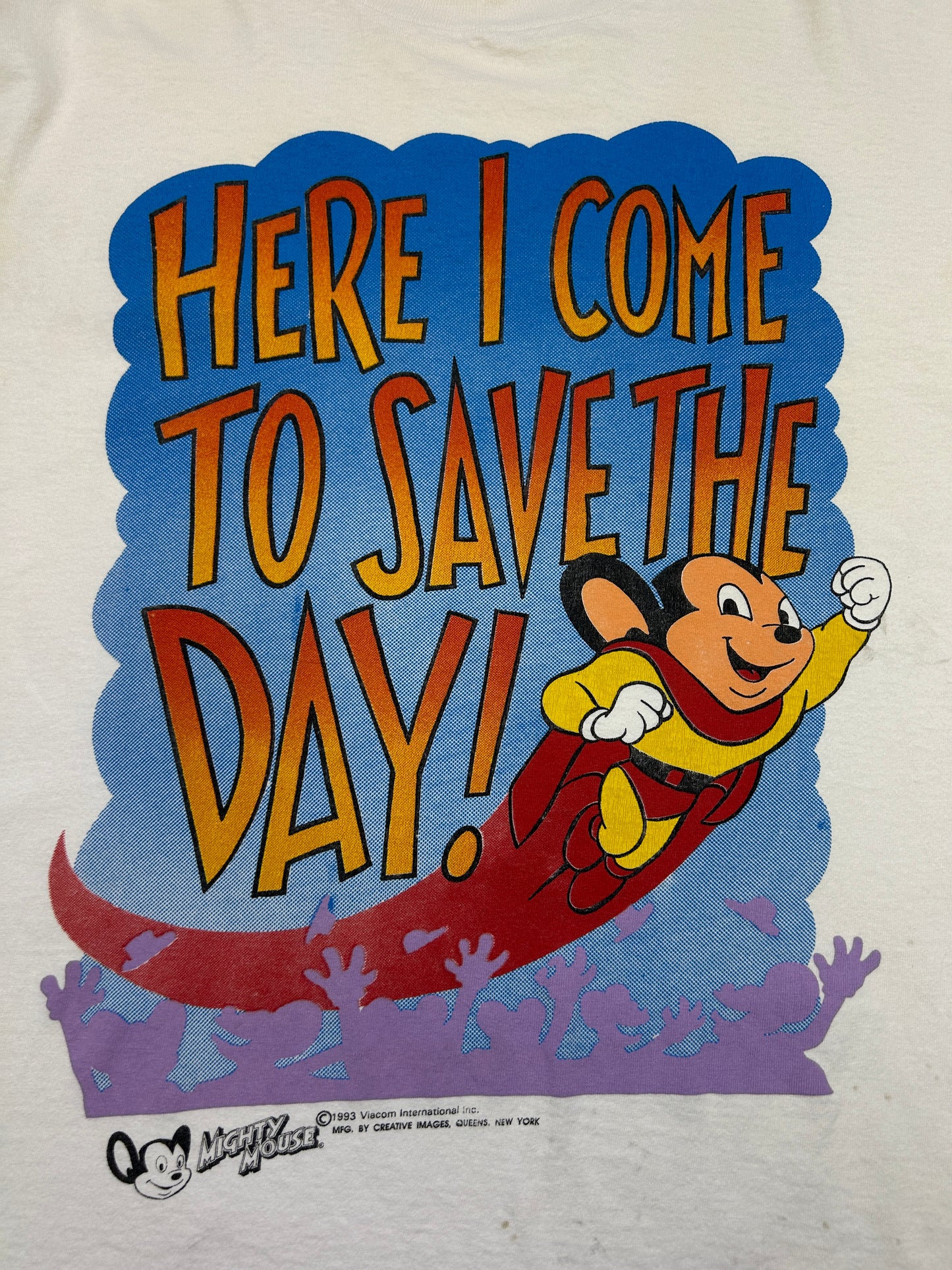 Vintage 1993 Mighty Mouse Here I Come To Save The Day Cartoon TV Show T Shirt Size XL