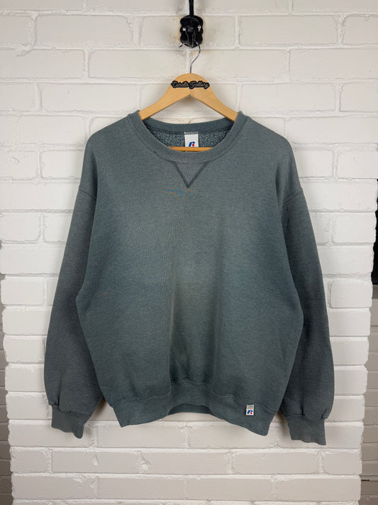 Russell Athletic Cropped Boxy Fit Blank Crewneck Sweatshirt Size L Blue Tone