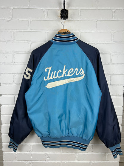 Vintage 1981 Luckers Chain Stitched Two Tone Satin bomber Jacket Size L 80s