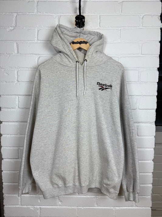 Vintage 90s Reebok Embroidered Spell Out Logo Hooded Sweatshirt Size L Heather Gray