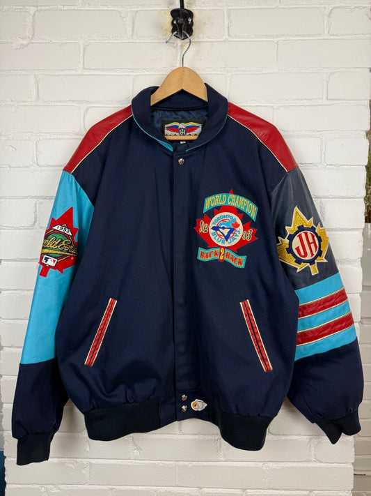 Vintage Toronto Blue Jays Jeff Hamilton World Champions 92/93 Back To Back Leather Bomber Jacket Size XL