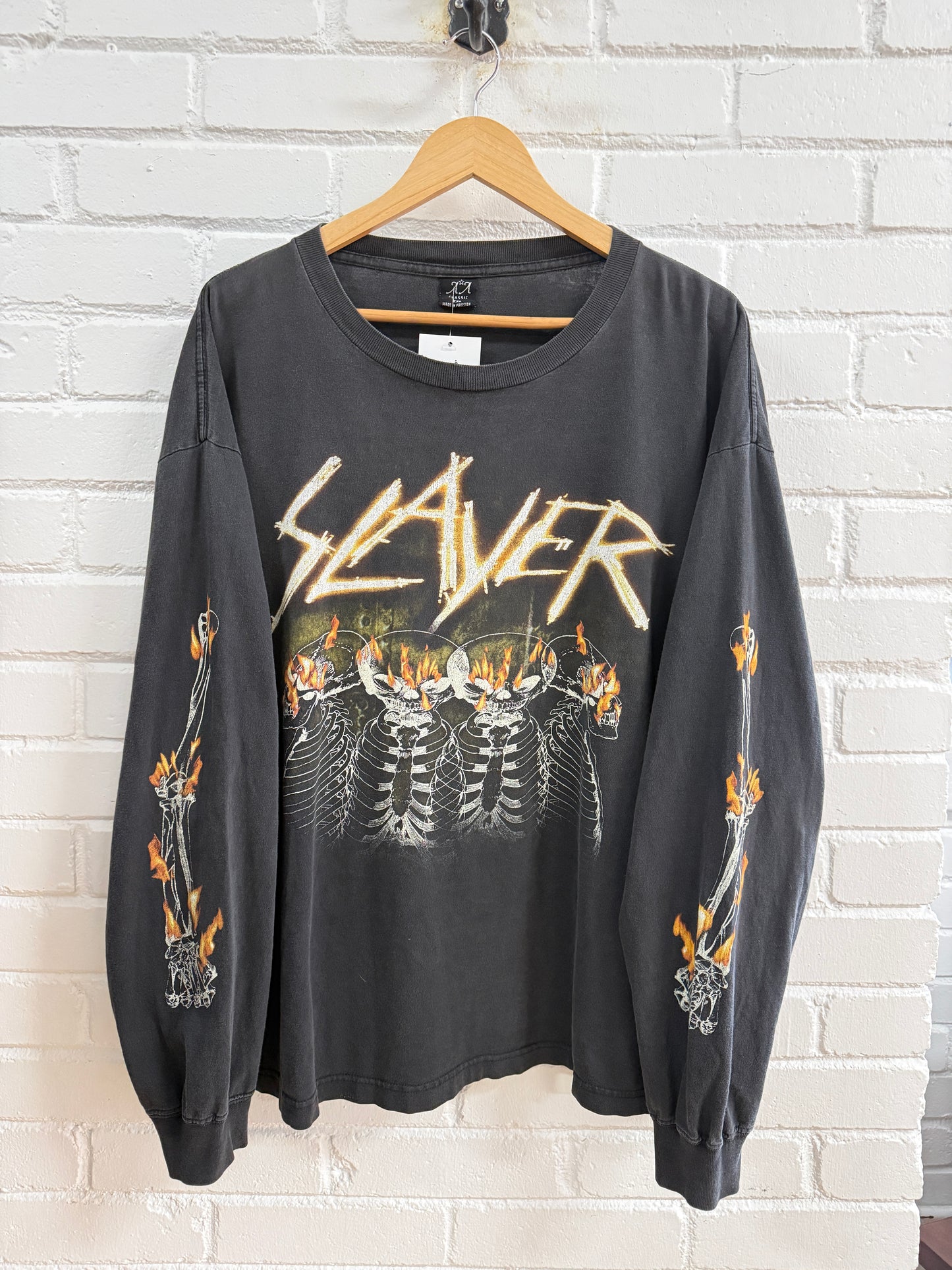 Vintage 2003 Slayer Metal Band Skull & Bones Flames Long Sleeve T-Shirt 2XL