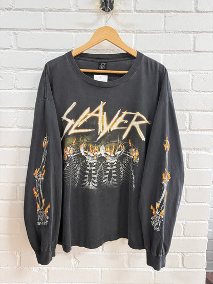 Vintage 2003 Slayer Metal Band Skull & Bones Flames Long Sleeve T-Shirt 2XL