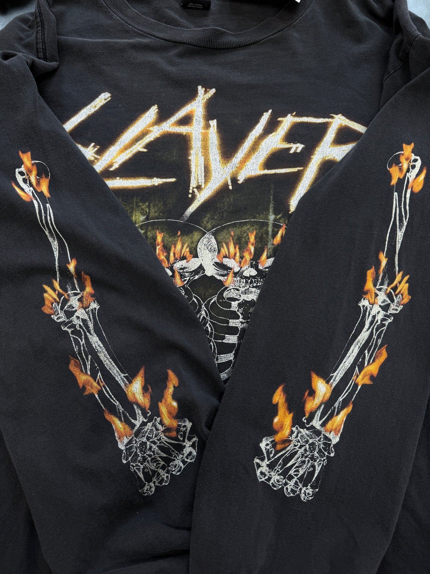Vintage 2003 Slayer Metal Band Skull & Bones Flames Long Sleeve T-Shirt 2XL